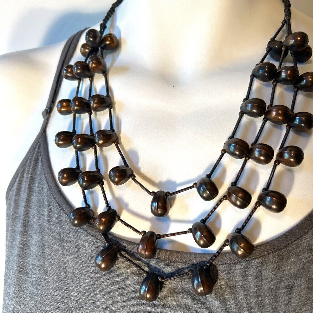 Metal Bronze Beads 3-strand Necklace Vintage Boho Tribal Handmade Aesthetic